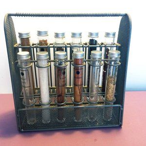 Unusual Cool Kitchen Spice Rack Test Tube Glass cylinder bottles Wire Mesh
